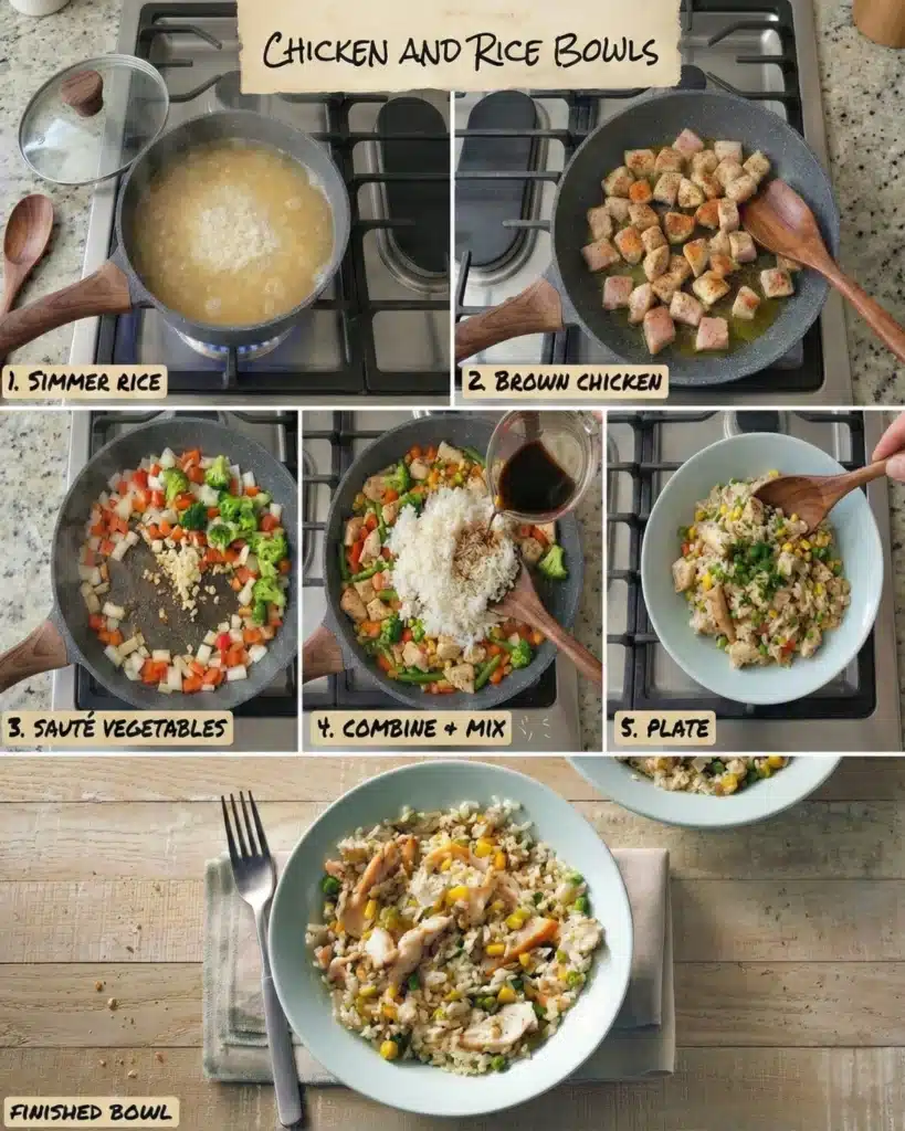 Cooking process showing rice simmering, chicken browning, and vegetables sautéing in pans.