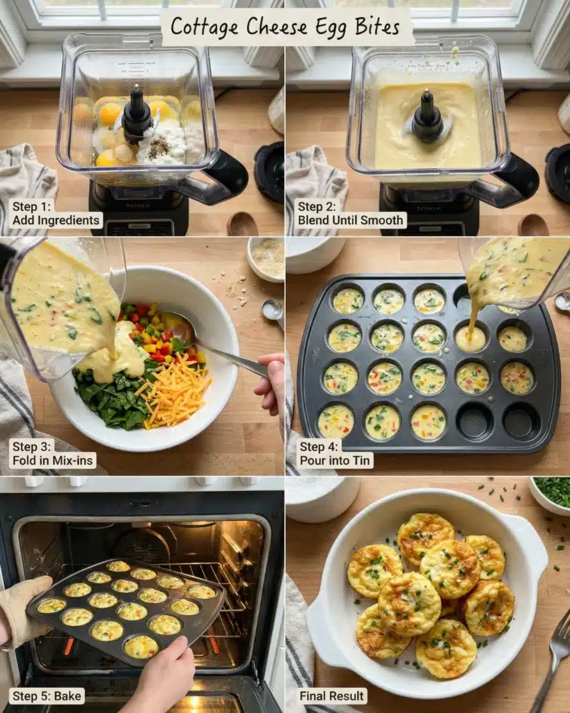 Step-by-step preparation of cottage cheese egg bites in a blender and muffin pan