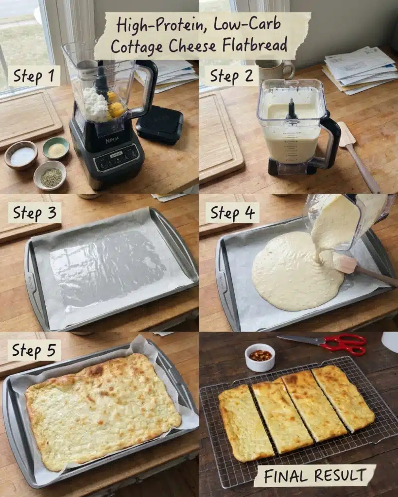 Step-by-step process of making high-protein cottage cheese flatbread, showing ingredients, blending, baking, and final result