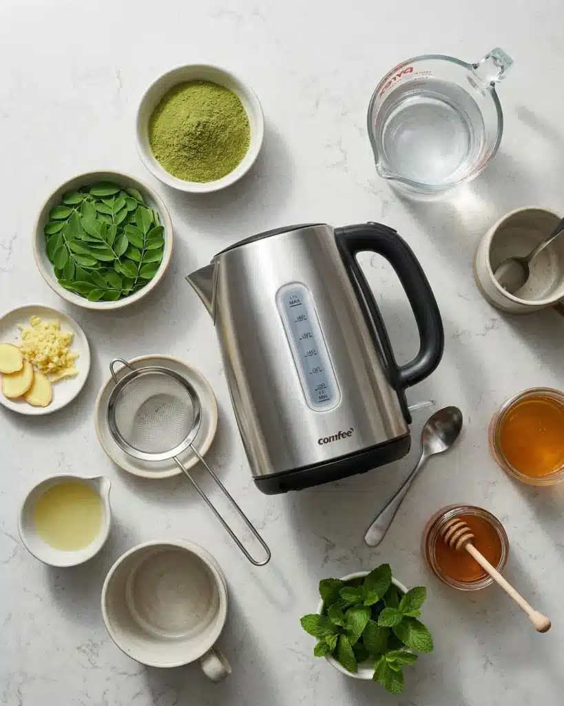 Moringa tea preparation setup with kettle and fresh ingredients