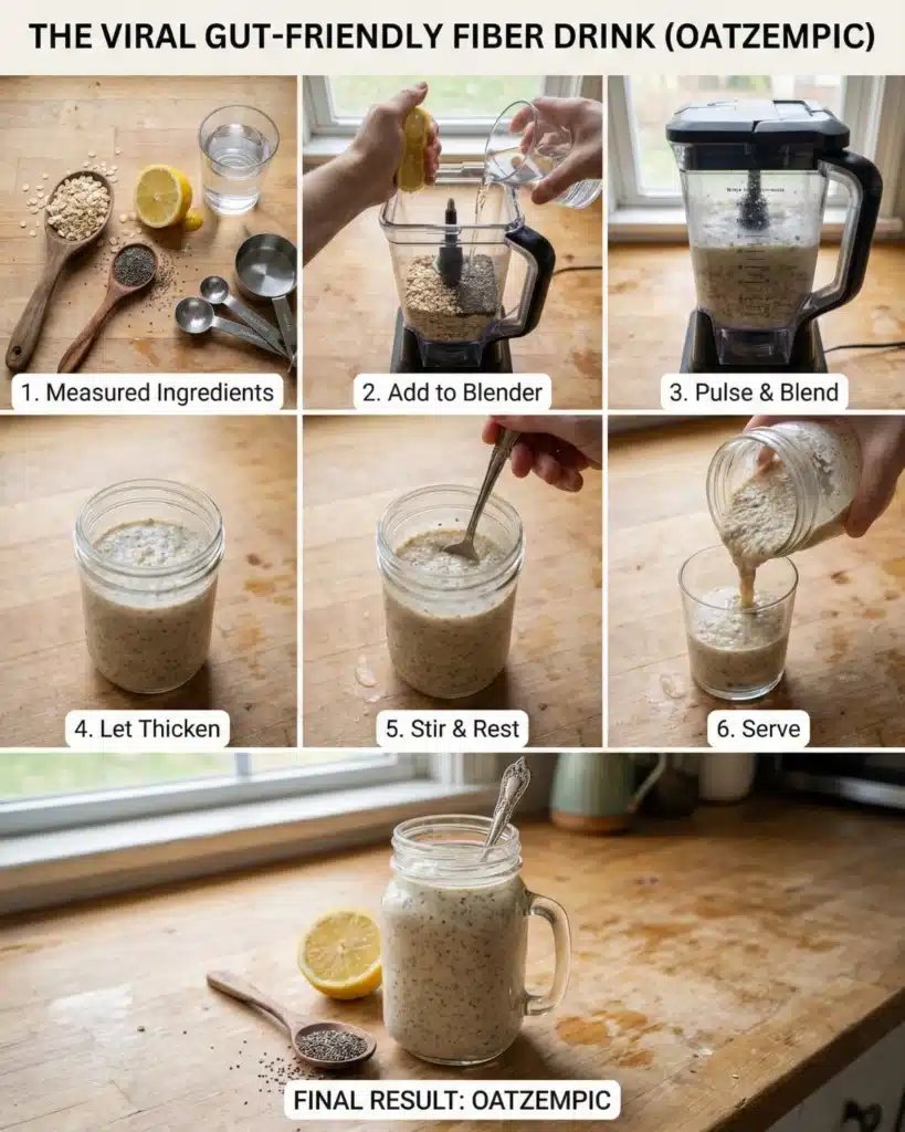 Step-by-step collage of Oatzempic drink preparation from ingredients to final serving.