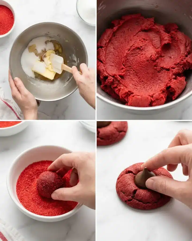Step-by-step process of making red velvet cookies including mixing butter, forming dough, coating in sugar, and adding chocolate kiss