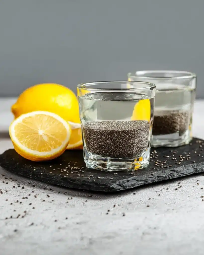 Two glasses of lemon chia drink on a dark stone coaster surrounded by fresh lemon slices.