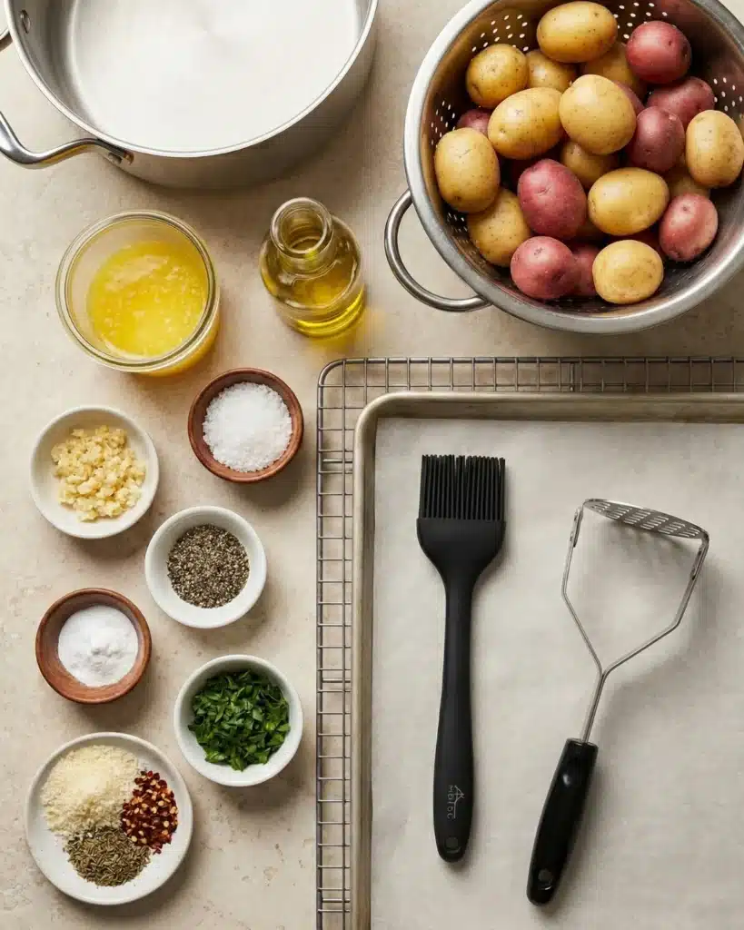 Ingredients and kitchen tools for making crispy roasted potatoes, including baby potatoes, herbs, butter, and a masher on a clean counter.
