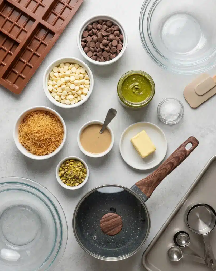 Flat lay of chocolate-making ingredients including kataifi, pistachios, tahini, and mixing tools.