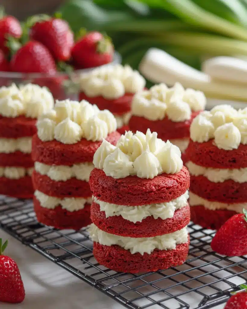 Layered red velvet sponge cakes filled with cream cheese frosting and arranged neatly on a metal rack beside fresh strawberries.