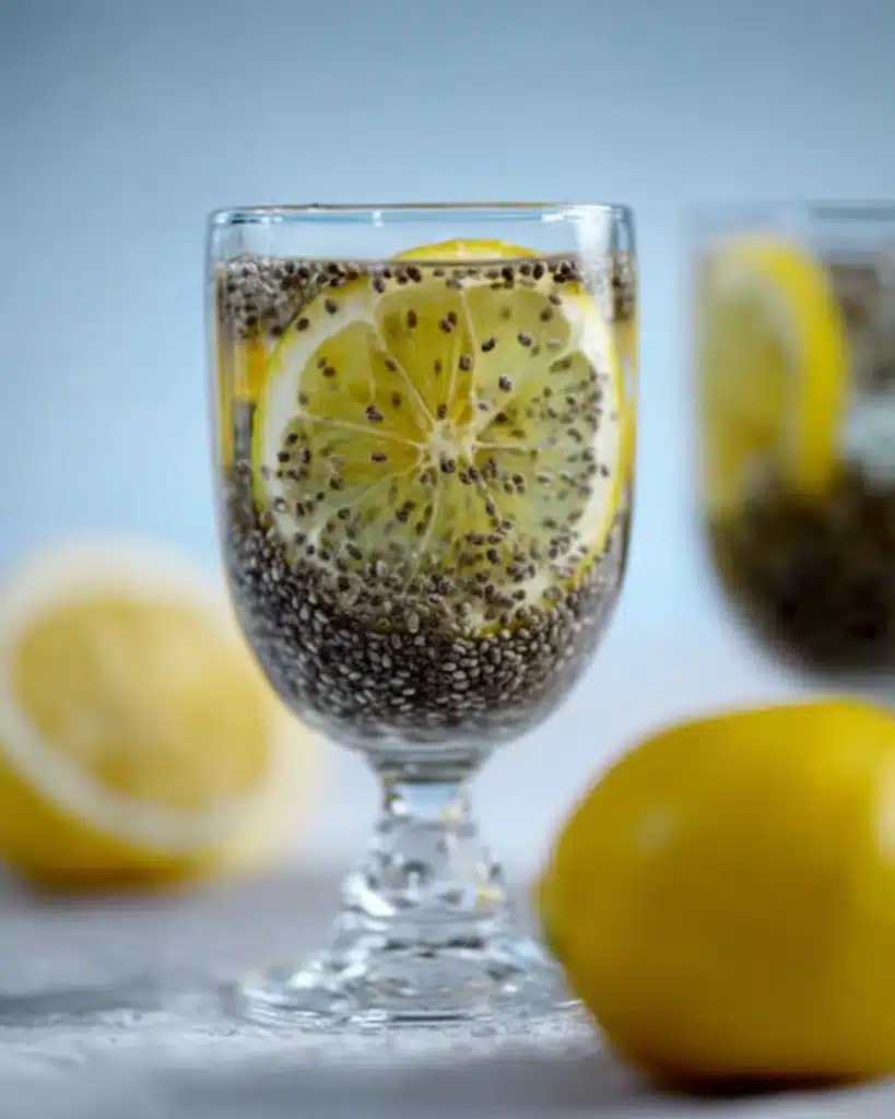 A glass of lemon chia seed drink on a white background with fresh lemons in the frame.