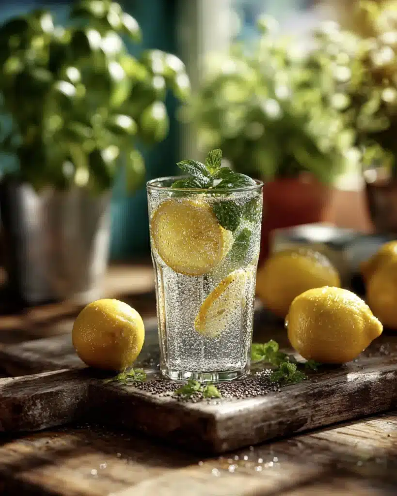 A chilled glass of chia lemon drink with mint leaves on a rustic wooden surface surrounded by lemons.
