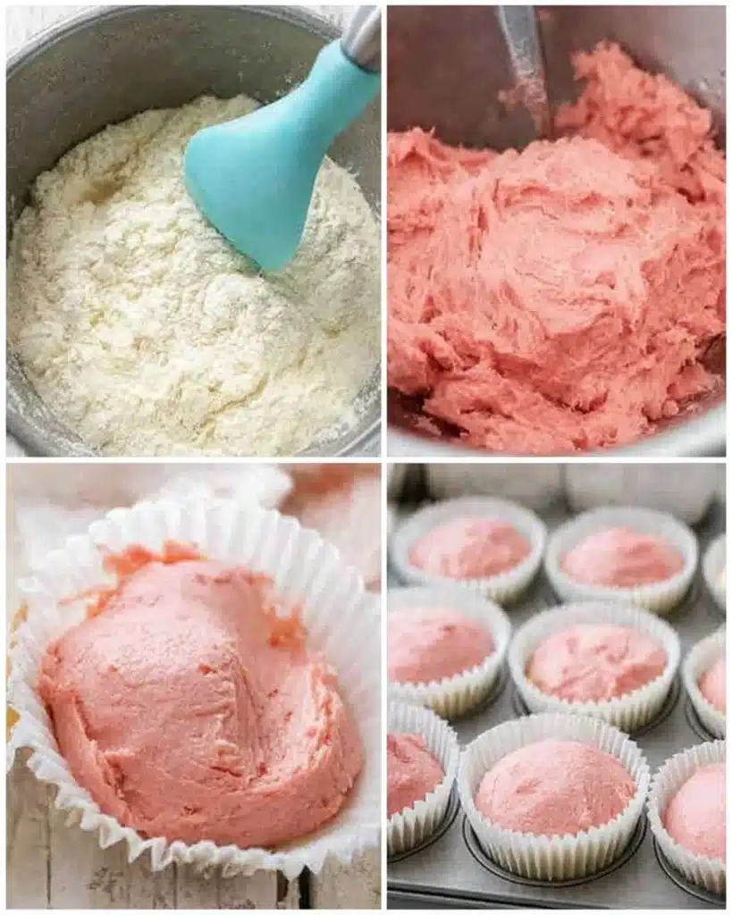 Step-by-step process of mixing and preparing pink velvet cupcake batter in bowls and liners