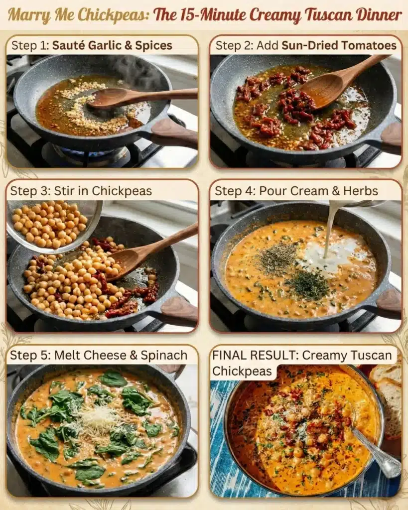 Step-by-step guide showing how to make Marry Me Chickpeas from saut&eacute;ing garlic to melting cheese and spinach