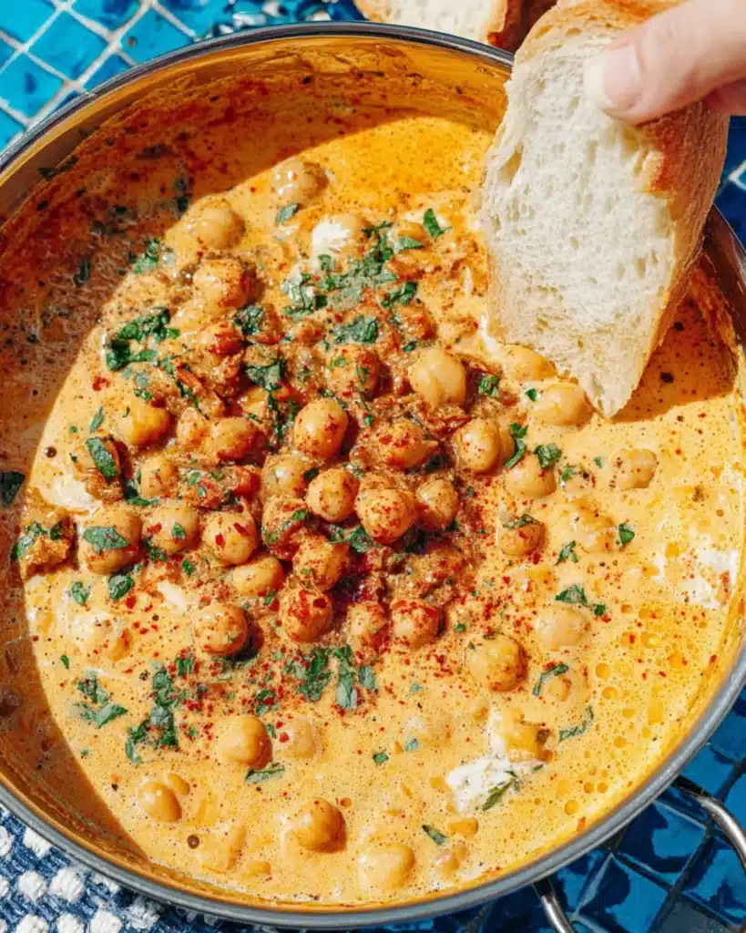 Golden chickpeas in creamy tomato sauce with bread dipped inside the skillet
