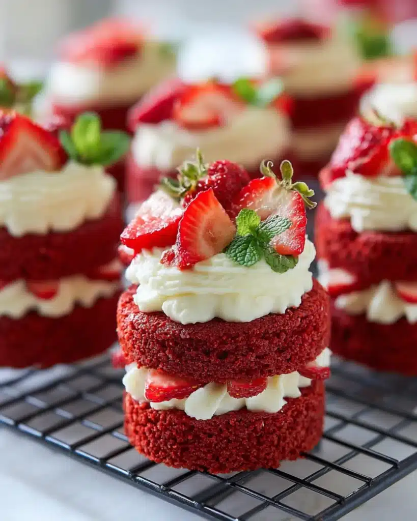Mini red velvet cakes topped with strawberries and mint leaves, stacked with cream cheese frosting for a festive dessert presentation.