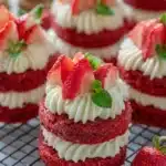 Close-up of mini red velvet cakes layered with cream cheese frosting and topped with fresh strawberries and mint leaves on a cooling rack.