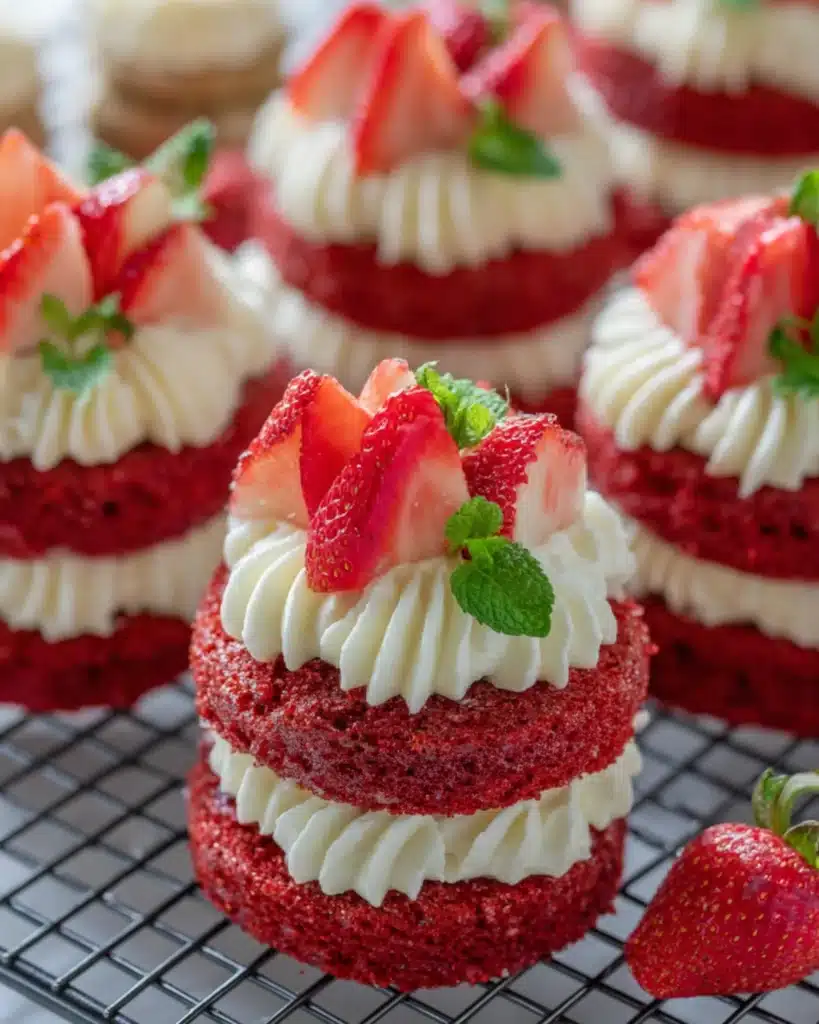 Close-up of mini red velvet cakes layered with cream cheese frosting and topped with fresh strawberries and mint leaves on a cooling rack.