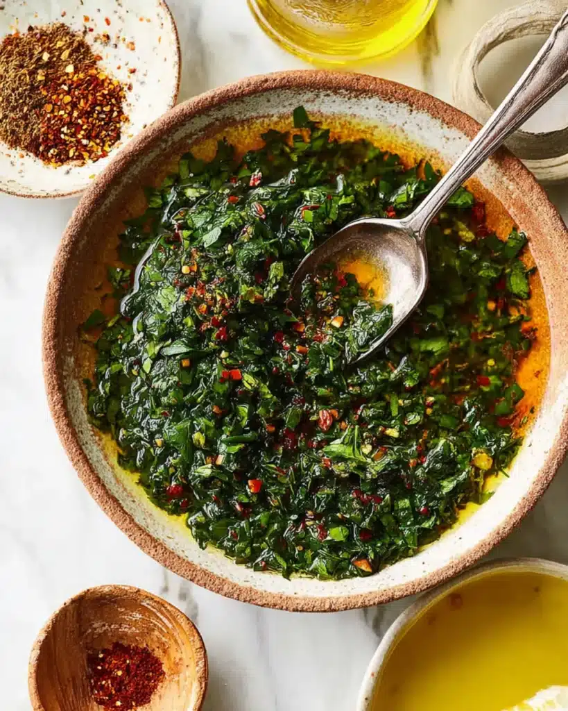A rustic bowl of chimichurri sauce being stirred with a spoon, highlighting fresh parsley and olive oil texture.