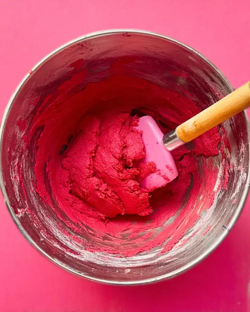 Vibrant red cookie dough mixed in a stainless steel bowl with a pink spatula.