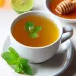 Cup of freshly brewed moringa tea garnished with mint leaves and served with honey and lime