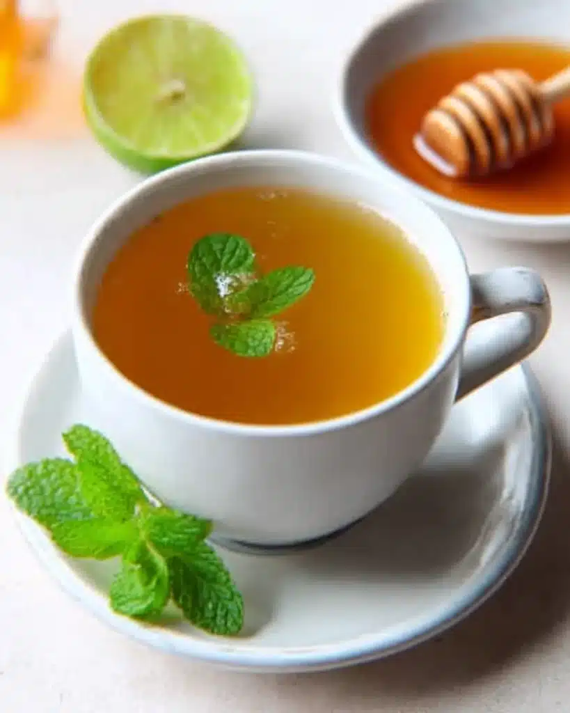Cup of freshly brewed moringa tea garnished with mint leaves and served with honey and lime