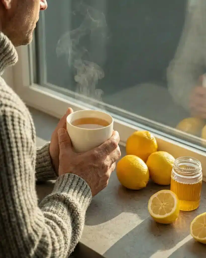 Person holding a warm cup of honey lemon drink near a sunny window with lemons and honey jar on the sill