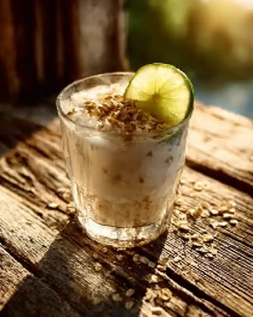 Creamy oat and chia breakfast drink with lime slice served on a rustic wooden table in natural light.