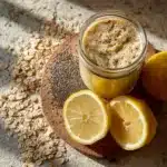 Oatzempic drink with oats, lemon, and chia seeds in a glass jar with natural morning sunlight.