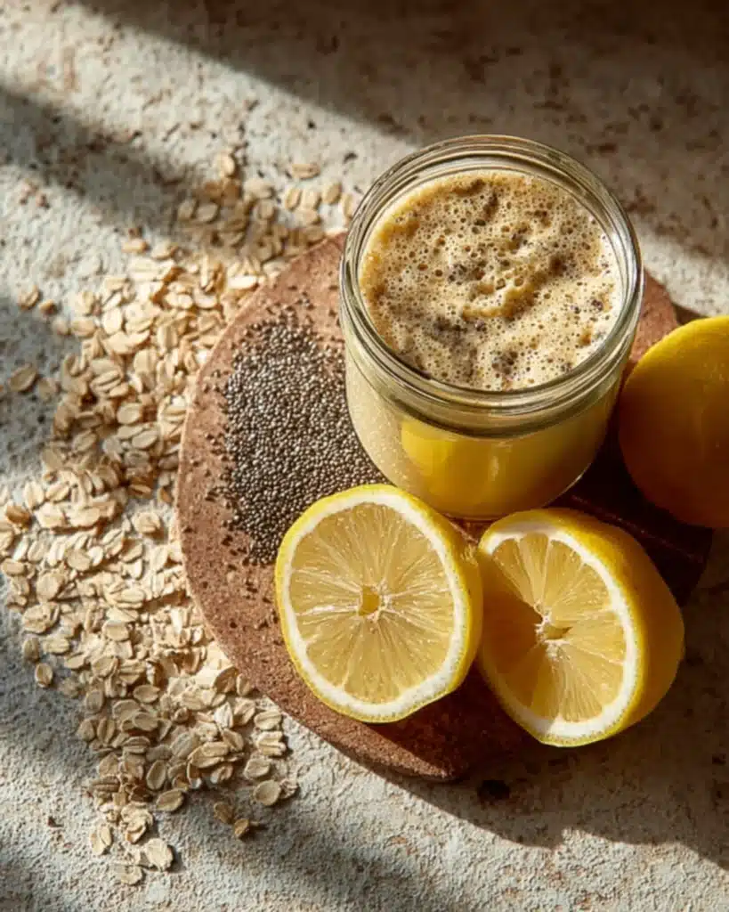 Oatzempic drink with oats, lemon, and chia seeds in a glass jar with natural morning sunlight.