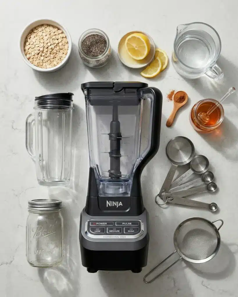 Flat lay of oats, chia, lemon, water, and blender arranged neatly on a kitchen counter.