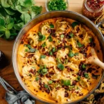 Top view of dumpling bake in creamy coconut curry garnished with green onions and chili flakes on a wooden table.
