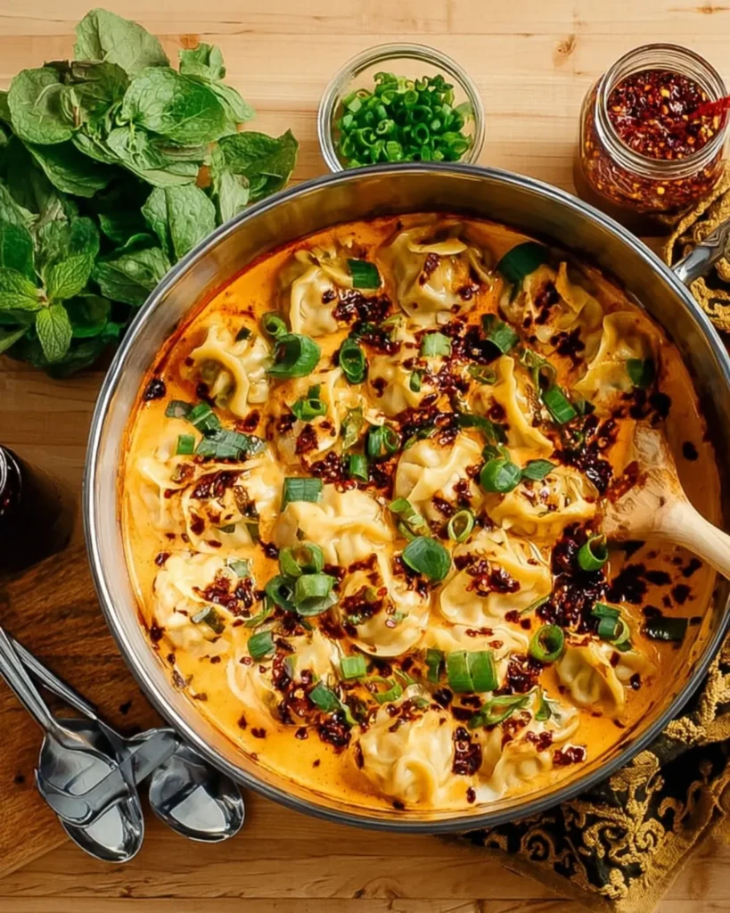 Top view of dumpling bake in creamy coconut curry garnished with green onions and chili flakes on a wooden table.