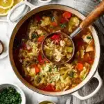 Large pot of cabbage and vegetable soup with ladle, surrounded by lemon slices and herbs.
