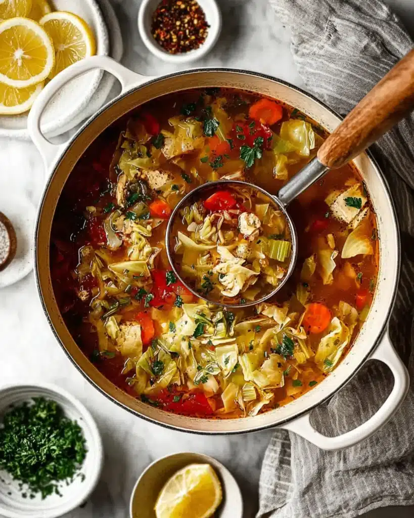 Large pot of cabbage and vegetable soup with ladle, surrounded by lemon slices and herbs.