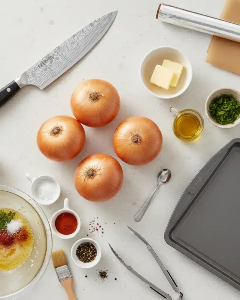 Overhead view of onions, butter, olive oil, spices, and cooking tools arranged neatly on a kitchen counter