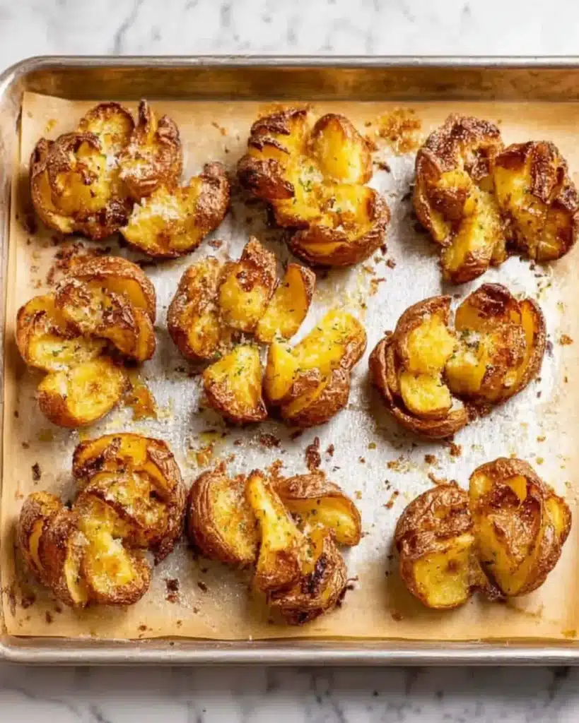 Tray of oven-baked smashed potatoes arranged on parchment paper, seasoned and golden brown.