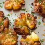 Crispy roasted baby potatoes with parsley and melted butter glistening on a baking sheet.