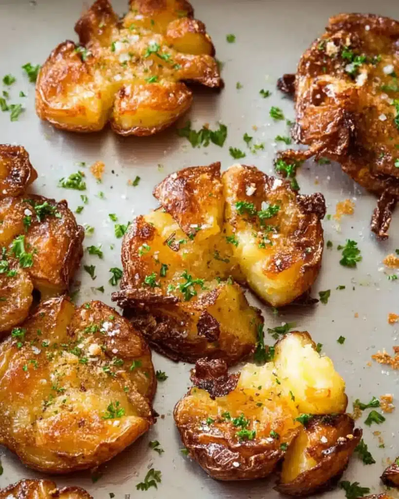 Crispy roasted baby potatoes with parsley and melted butter glistening on a baking sheet.