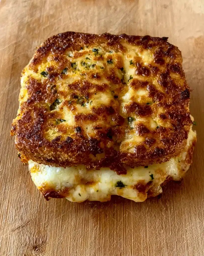 Golden-brown garlic bread grilled cheese fresh from the air fryer with melted cheese and herbs on top.
