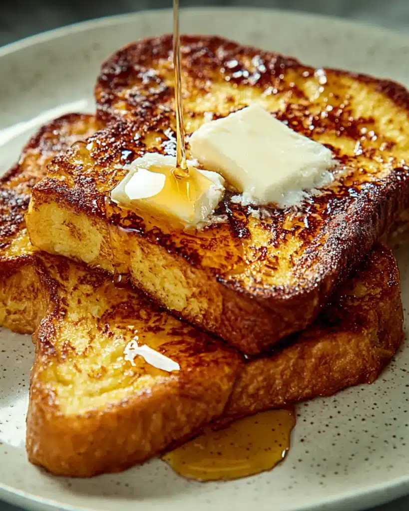 Close-up shot of maple syrup being poured over stacked golden toast with melting butter on top.