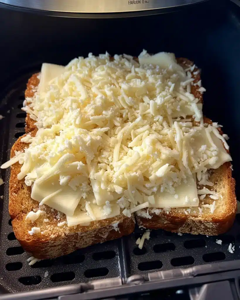 Uncooked garlic bread grilled cheese topped with shredded mozzarella inside an air fryer basket.