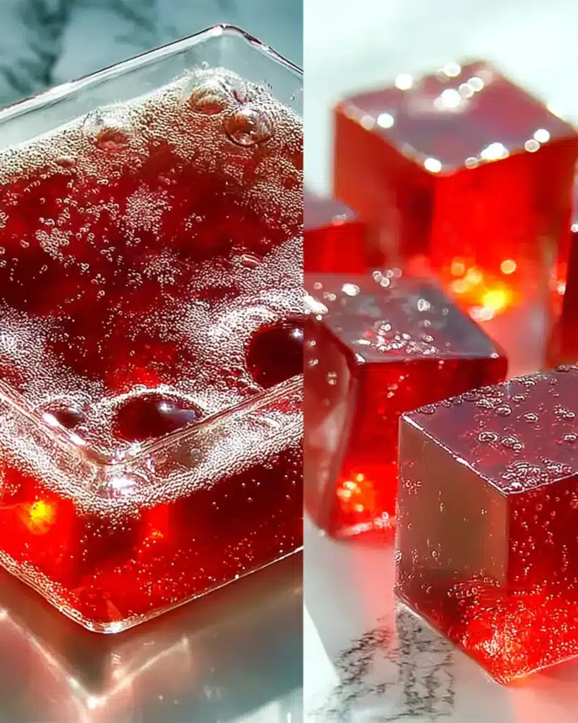 Fresh red gelatin mixture in a glass bowl and glossy gelatin cubes displayed under natural light for a clean food photography setup.