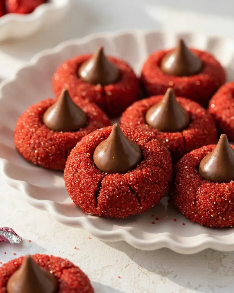 Plate of freshly baked red velvet blossoms cookies topped with chocolate kisses on a white scalloped dish