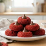 Close-up of vibrant red cookie dough in a stainless steel mixing bowl ready for shaping
