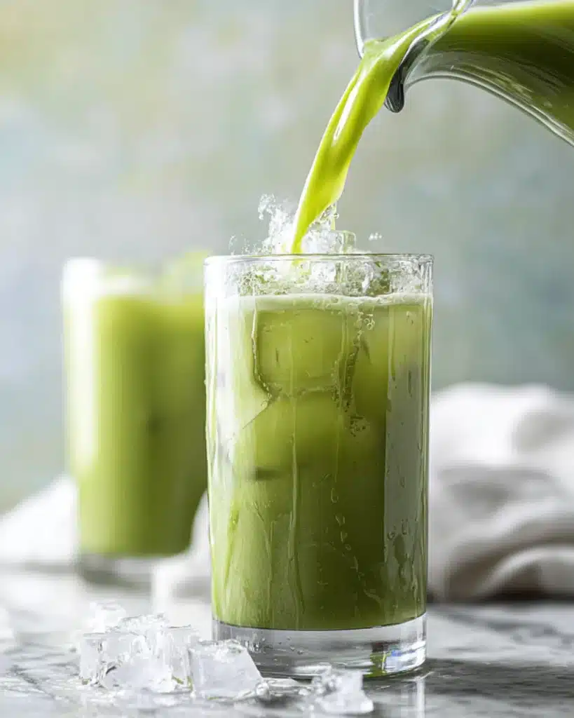 Iced matcha latte being poured into a tall glass filled with ice cubes on a bright surface
