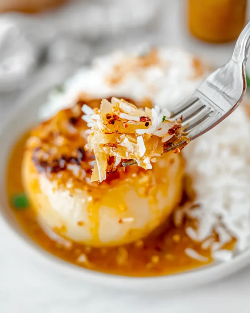 Fork lifting roasted onion and rice coated in Cajun butter sauce
