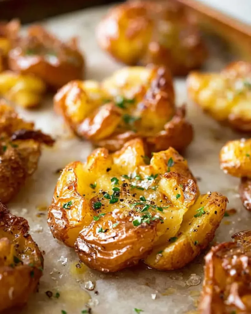 Golden roasted potatoes with cracked pepper and parsley served on parchment paper for a rustic dinner look.