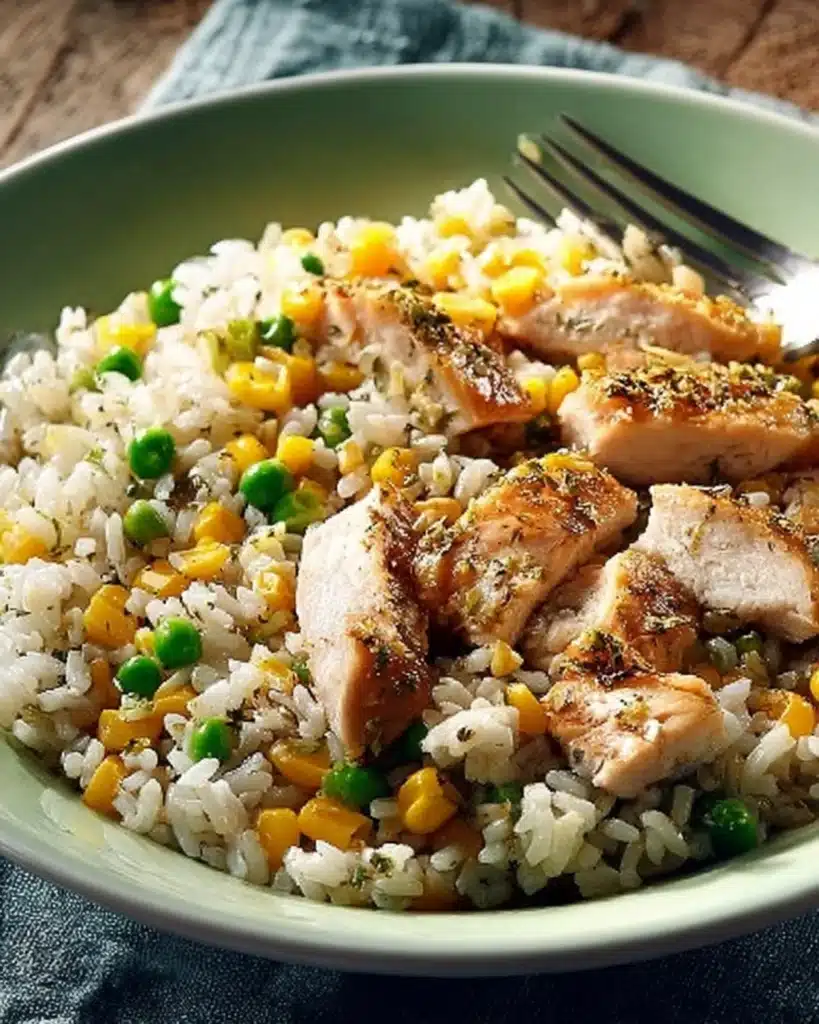 Close-up of seasoned chicken pieces with rice, peas, and sweet corn in a green ceramic bowl.