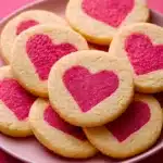 Slice and Bake Heart Cookies arranged on a plate with pink background.