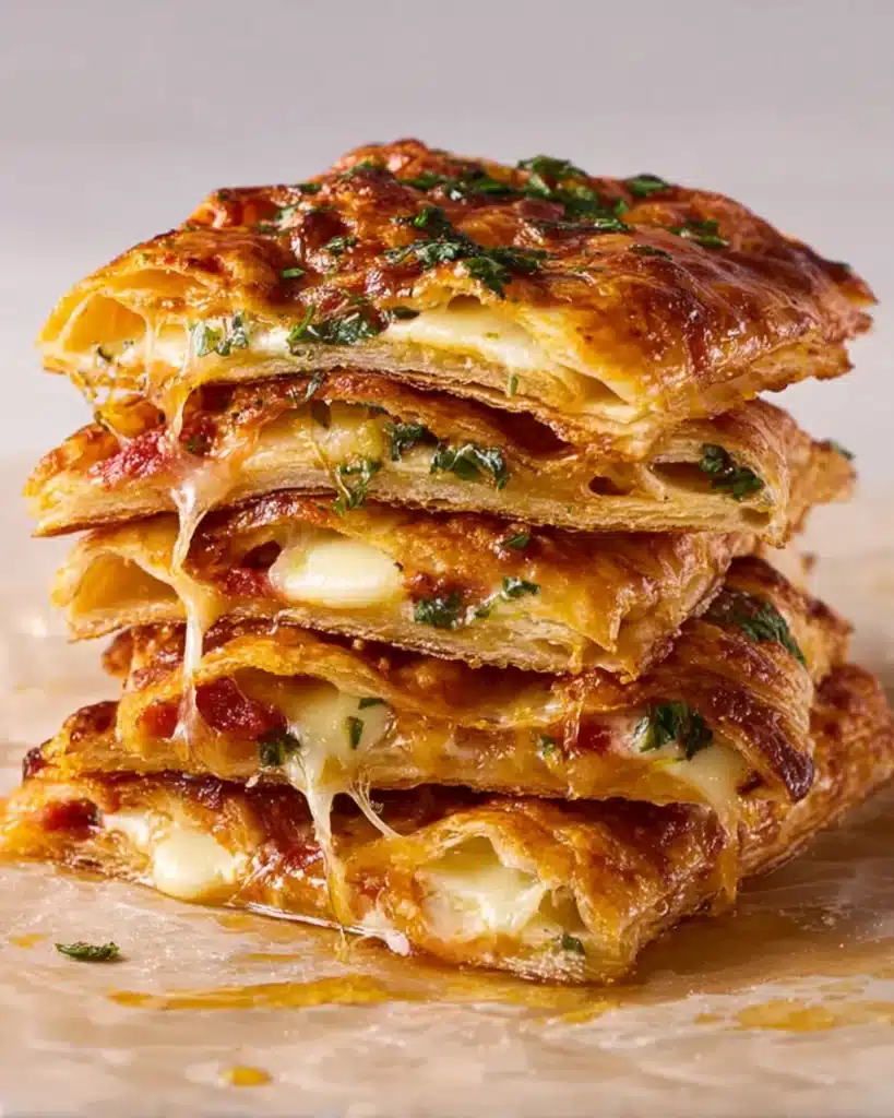 Stack of golden cheesy pizza slices layered with herbs, melted mozzarella, and a crisp buttery crust
