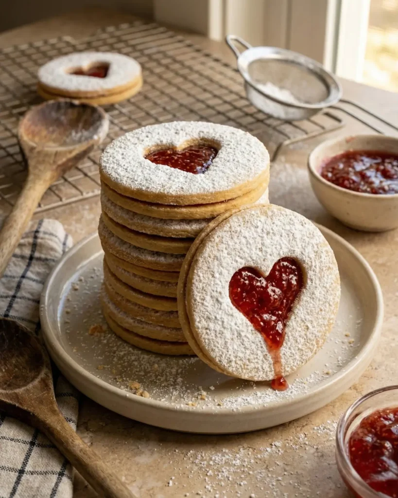 Stack of heart-shaped Linzer cookies filled with strawberry jam, dusted with powdered sugar, placed on a plate near a cooling rack and wooden spoon.
