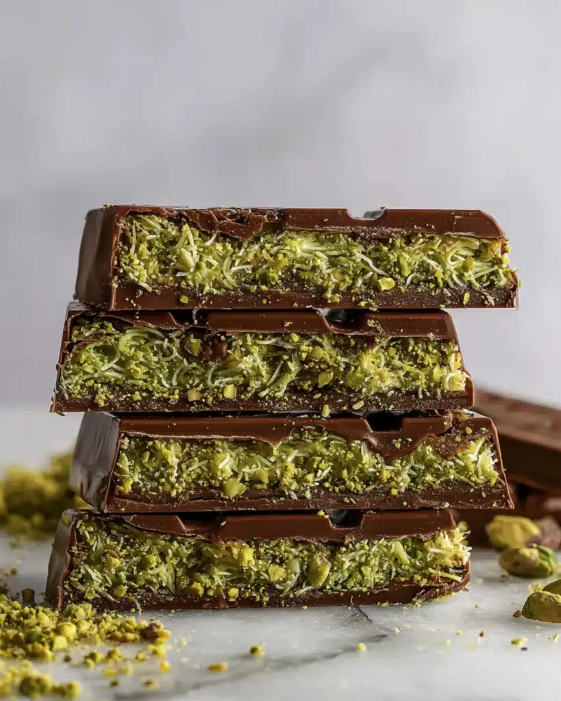 Close-up of stacked pistachio chocolate bars with crunchy kataifi filling and glossy milk chocolate coating.