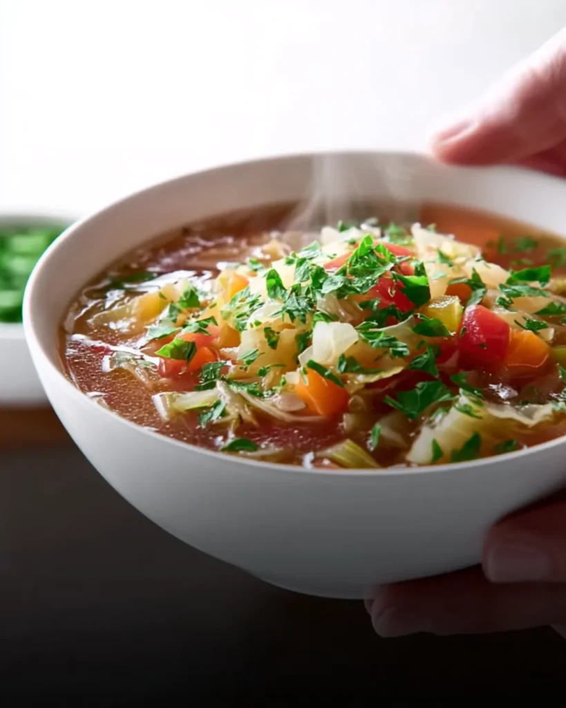 Steaming bowl of homemade cabbage and tomato soup held in hand, sprinkled with fresh parsley.